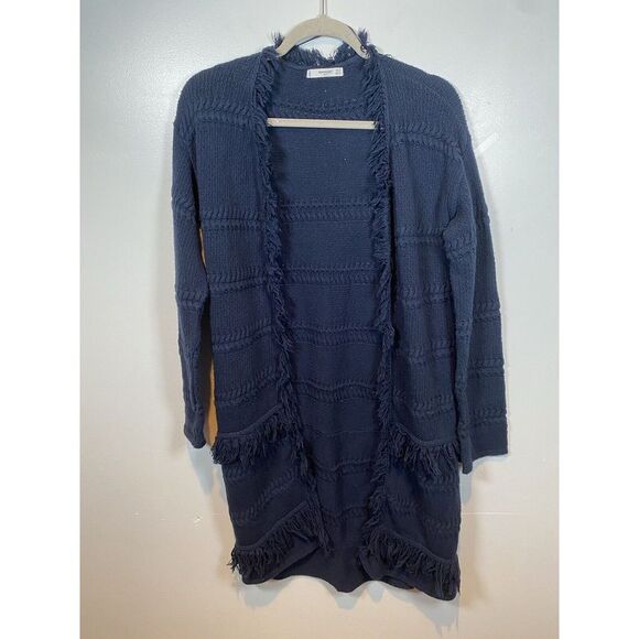 Mango Suit Womens‎ Cardigan Crochet Knit Sweater Blue Fringe Hem Navy Boho M - Picture 1 of 5